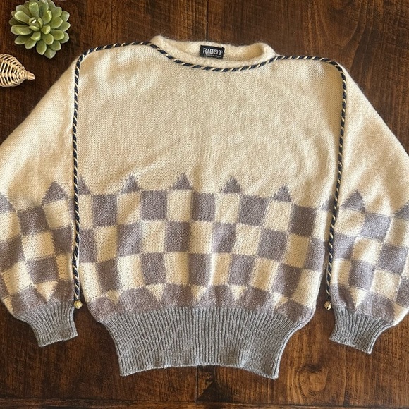Ribot Italy | Vintsge 80s Mohair Blend Crewneck Dolman Sleeve Checkered Sweater - Picture 1 of 10